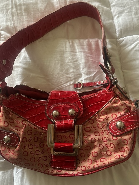 Guess Handbags - Guess Red Monogram Shoulder Bag with Faux-Croc Trim